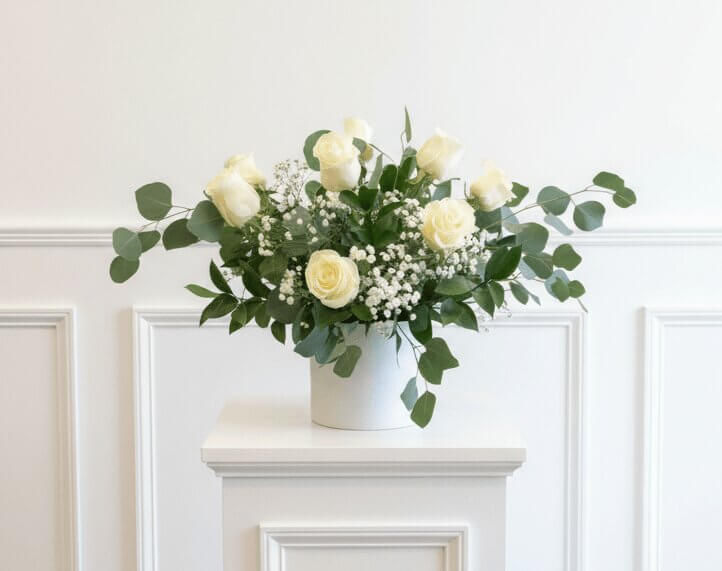 Bouquet de roses blanches dans un vase blanc