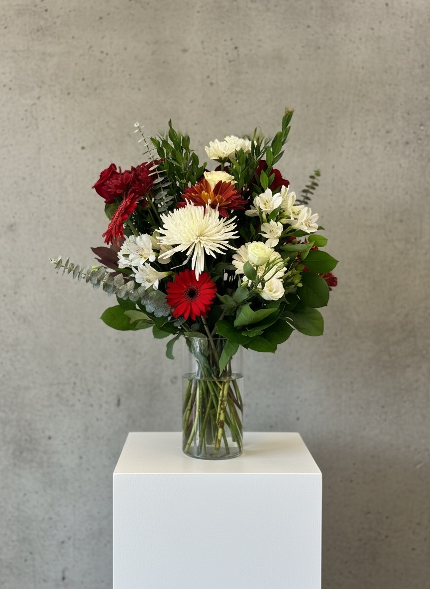 Bouquet de fleurs rouges et blanches en vase avec gerberas, chrysanthèmes, roses crème et feuillage vert