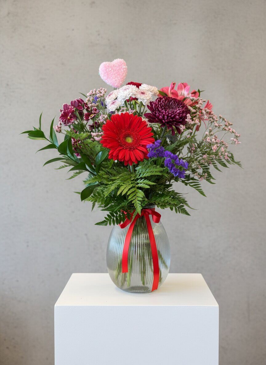 Bouquet de fleurs coloré avec gerbera rouge, chrysanthèmes et feuillage dans un vase en verre avec ruban rouge.