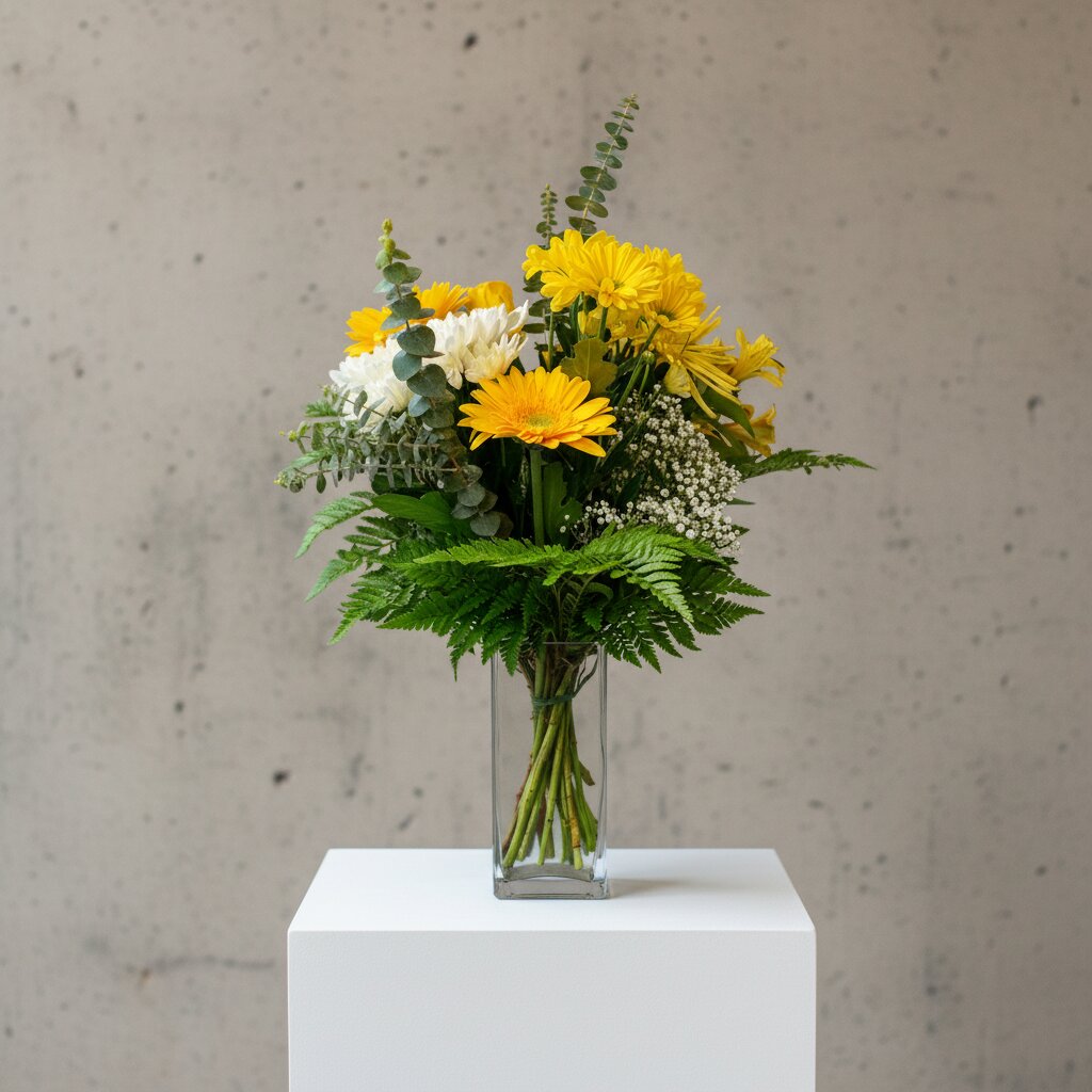 Bouquet de fleurs jaune et blanc avec feuillage dans un vase en verre – fleuriste beloeil