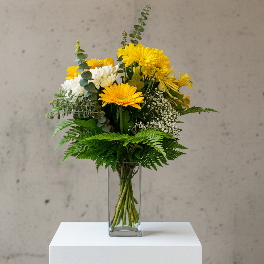 Bouquet de fleurs jaune et blanc avec feuillage dans un vase en verre – fleuriste beloeil