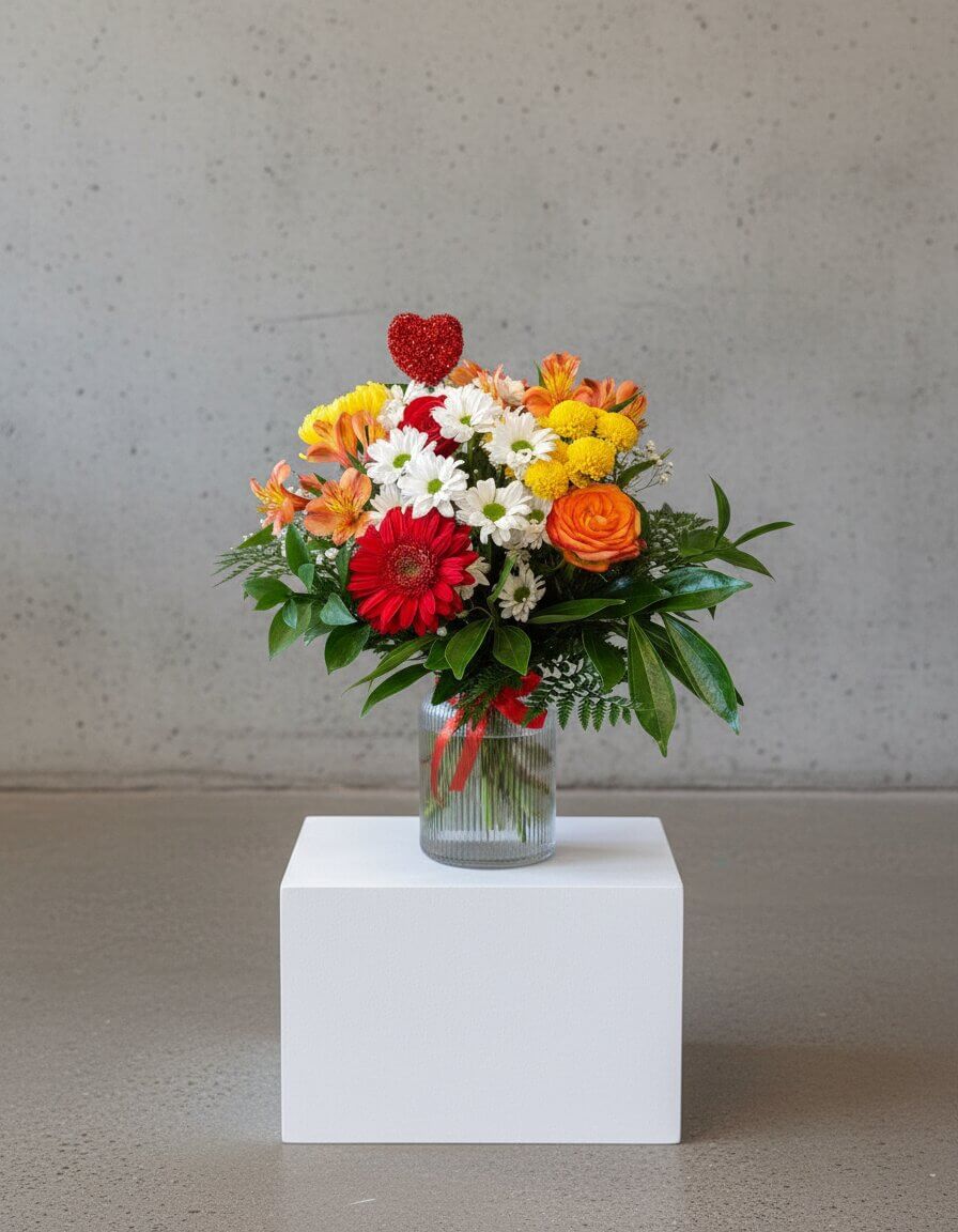 Bouquet de fleurs colorées avec roses orange, gerbera rouge et marguerites blanches dans un vase en verre avec cœur décoratif
