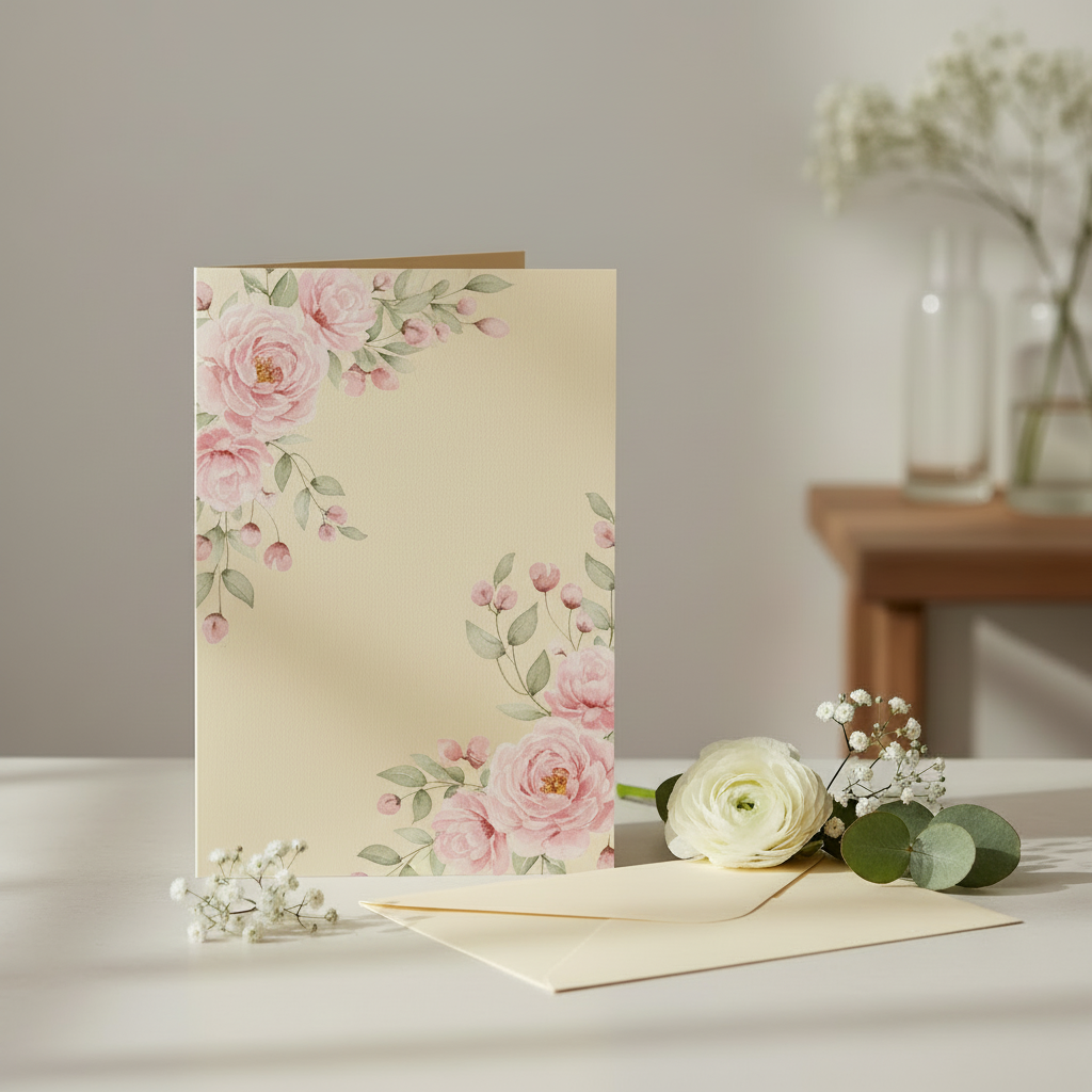 Grande carte de souhait ivoire au motif floral aquarelle, avec son enveloppe assortie